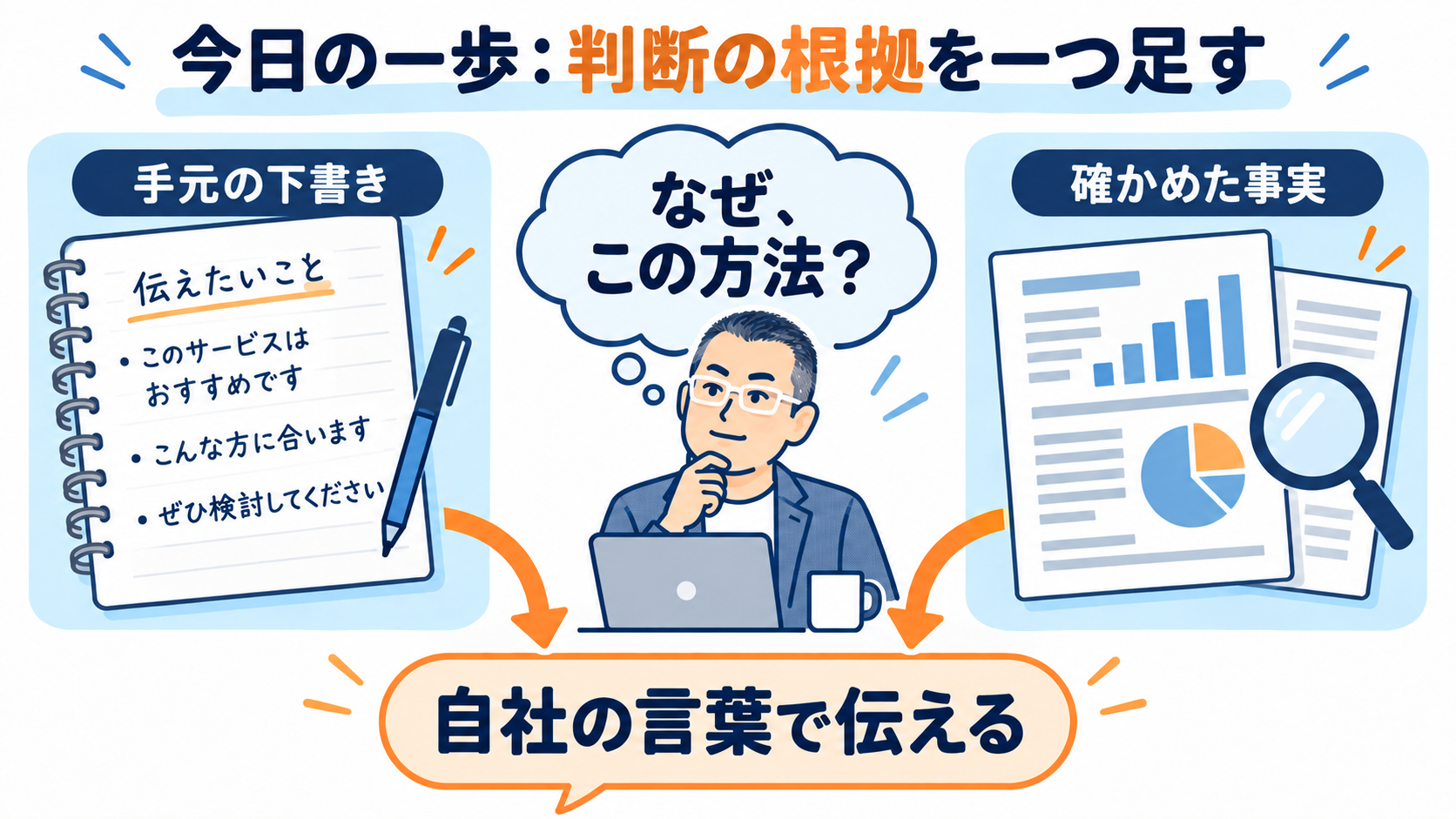 手元の下書きに方法を選ぶ理由と確かめた事実を足す図